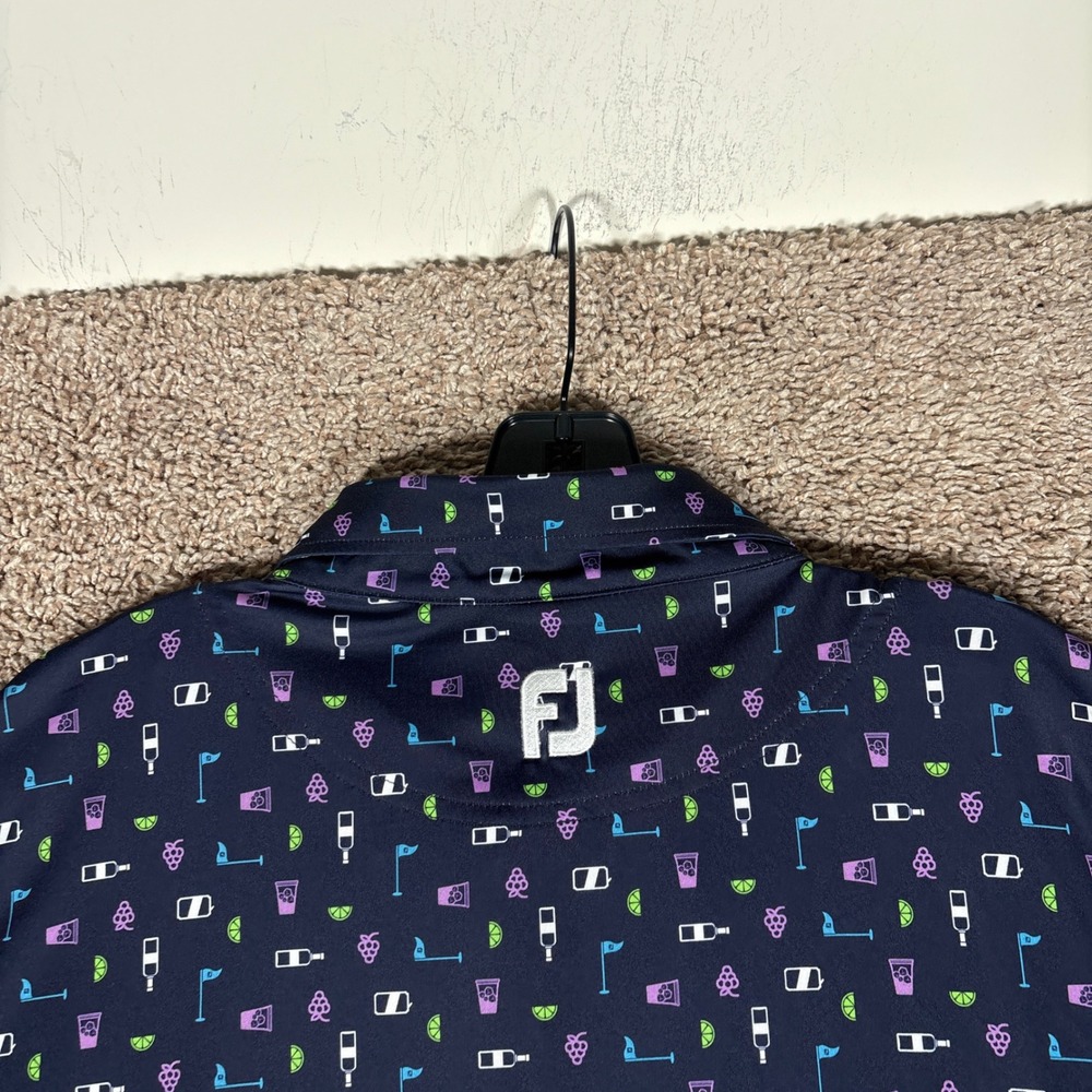 FootJoy Mens Lisle Golf Polo Shirt 2XL Navy Cocktail Golf Flag Print Stretch - Picture 8 of 9